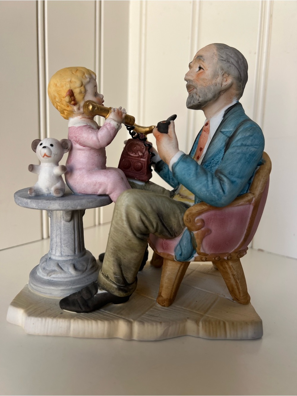Vintage Lefton 7841 Porcelain Figurine, Grandfather and Child, Giftcraft Japan